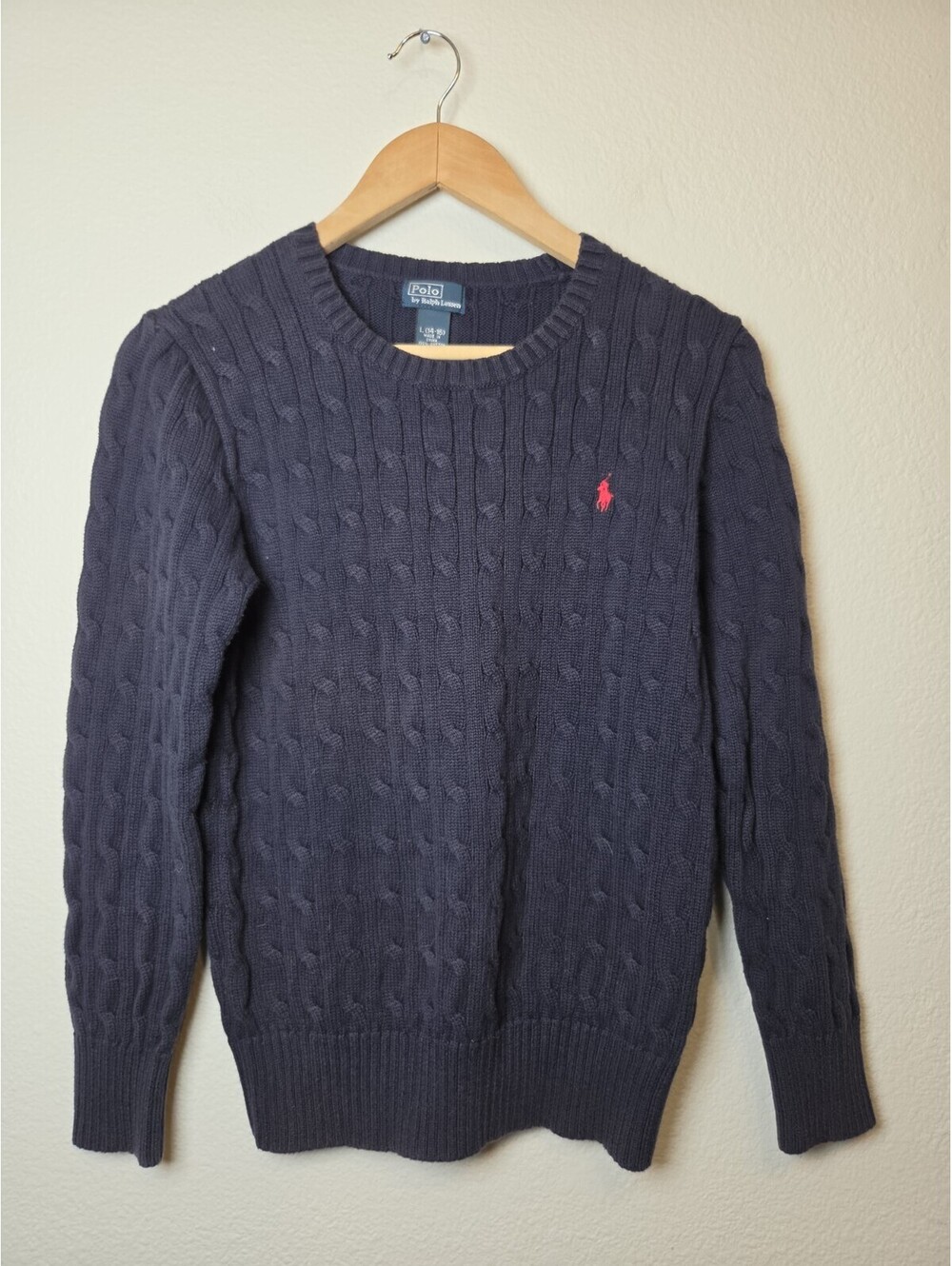 Polo Ralph Lauren Boys L Fisherman Cable Knit Sweater Cotton Crewneck Blue